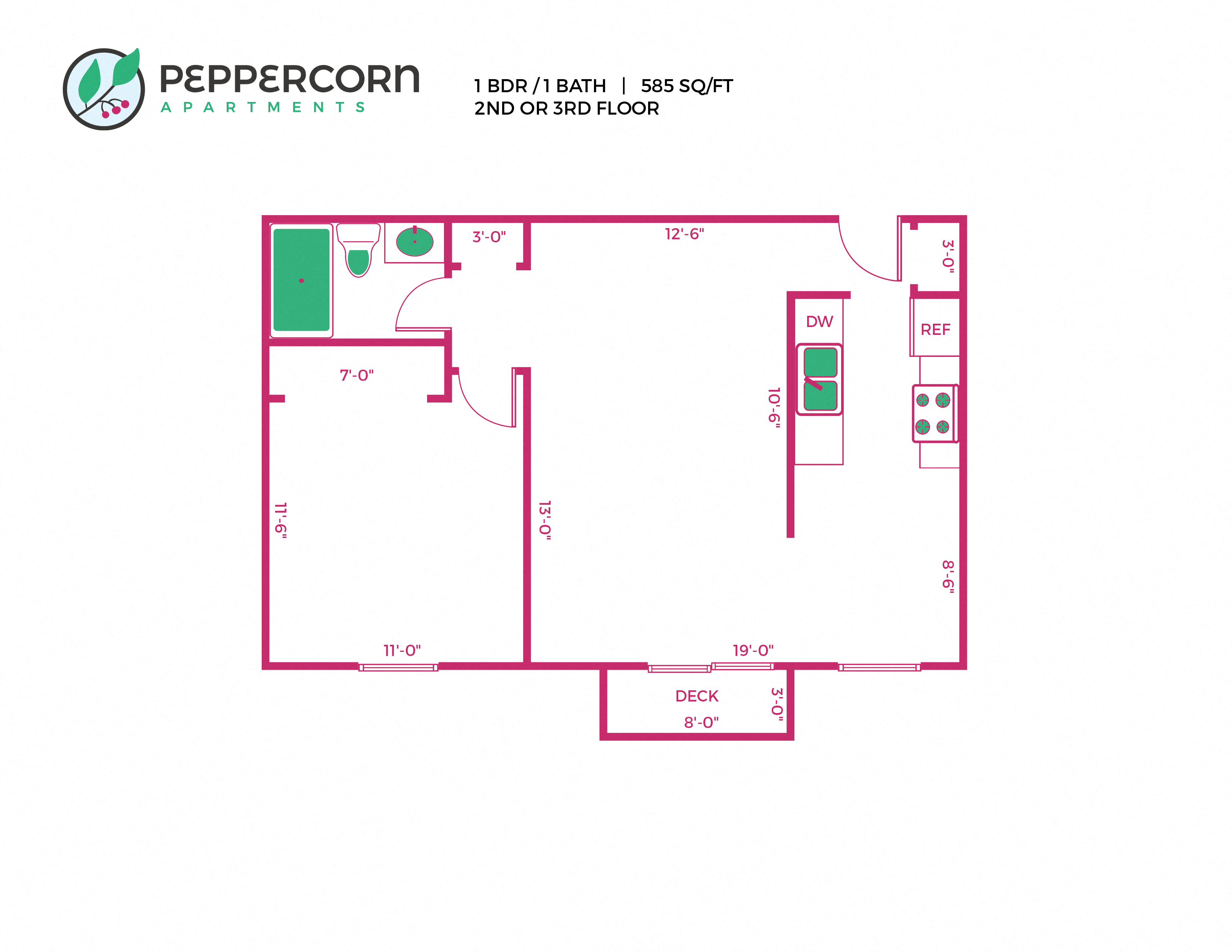 Floor plan for 1 bed, 1 bath, 585 sqft